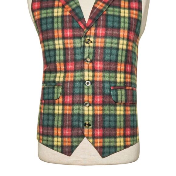 Mens 46R Wool Vest Green Red Yellow Tartan Plaid Waistcoat Preppy Formal Casual - Picture 4 of 8